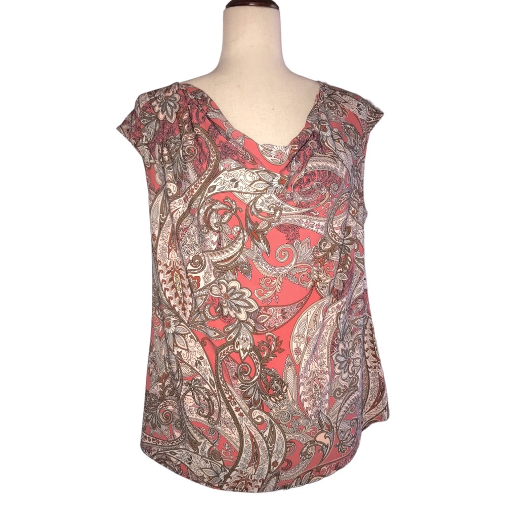 Roz & Ali Paisley Blouse Cap Sleeves Size Medium Coral Brown Cream Drape Front